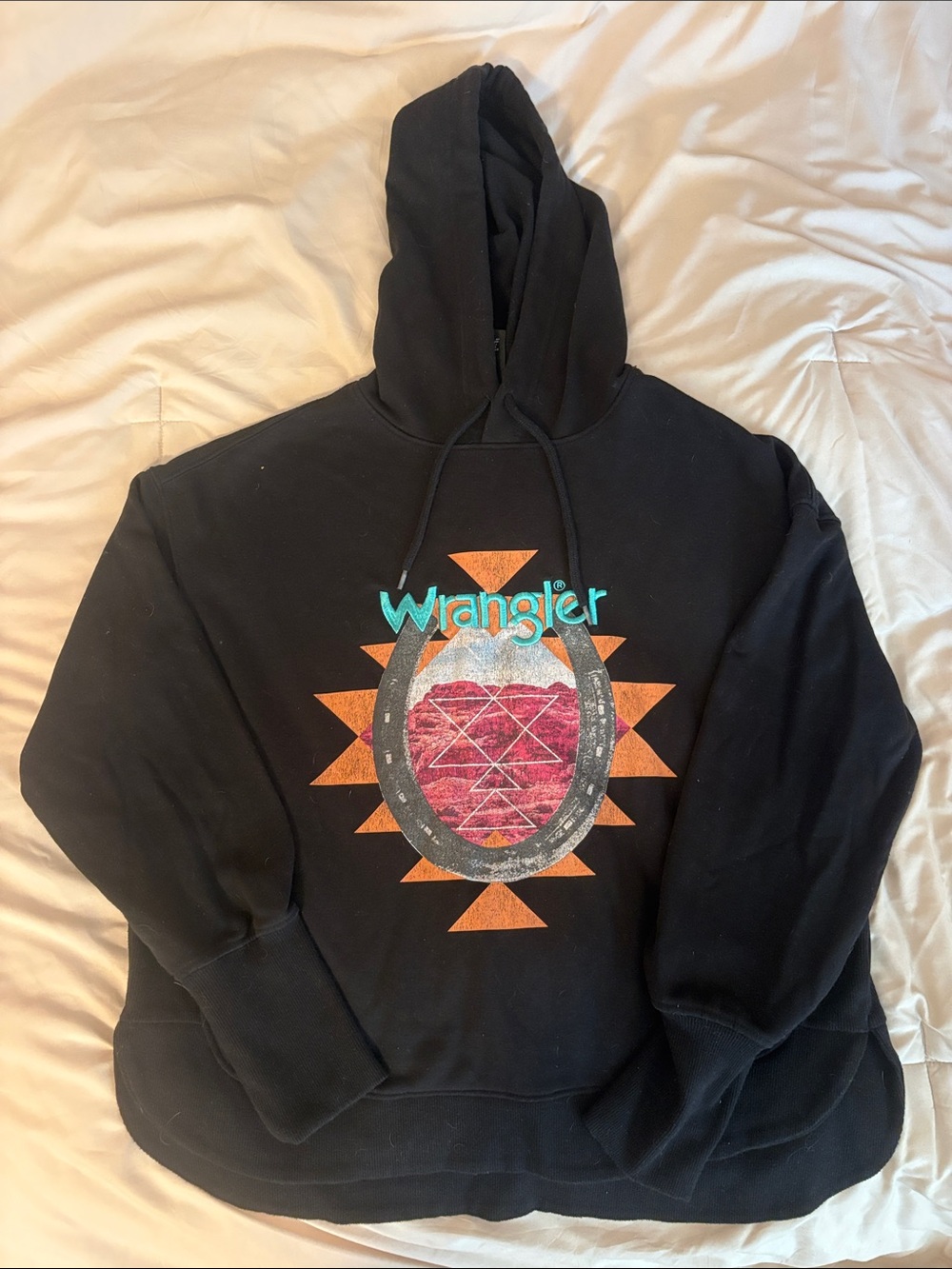 Wrangler Black Hoodie with Teal Logo & Orange Graphic